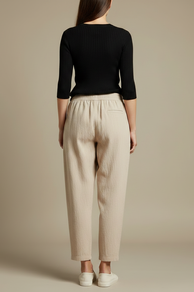 Pantalon Parachute Beige Ample Lin Décontracté Taille Élastique - vue 2