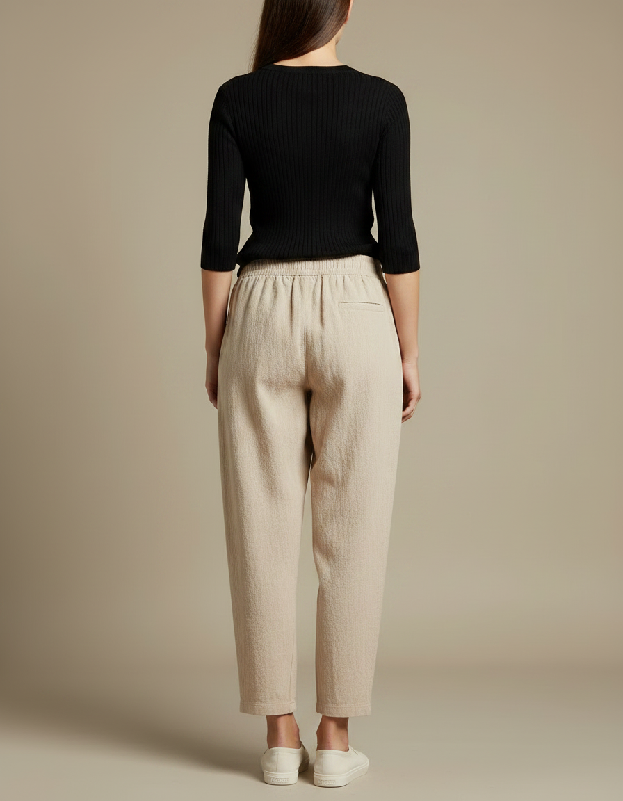 Pantalon Parachute Beige Ample Lin Décontracté Taille Élastique - vue 2