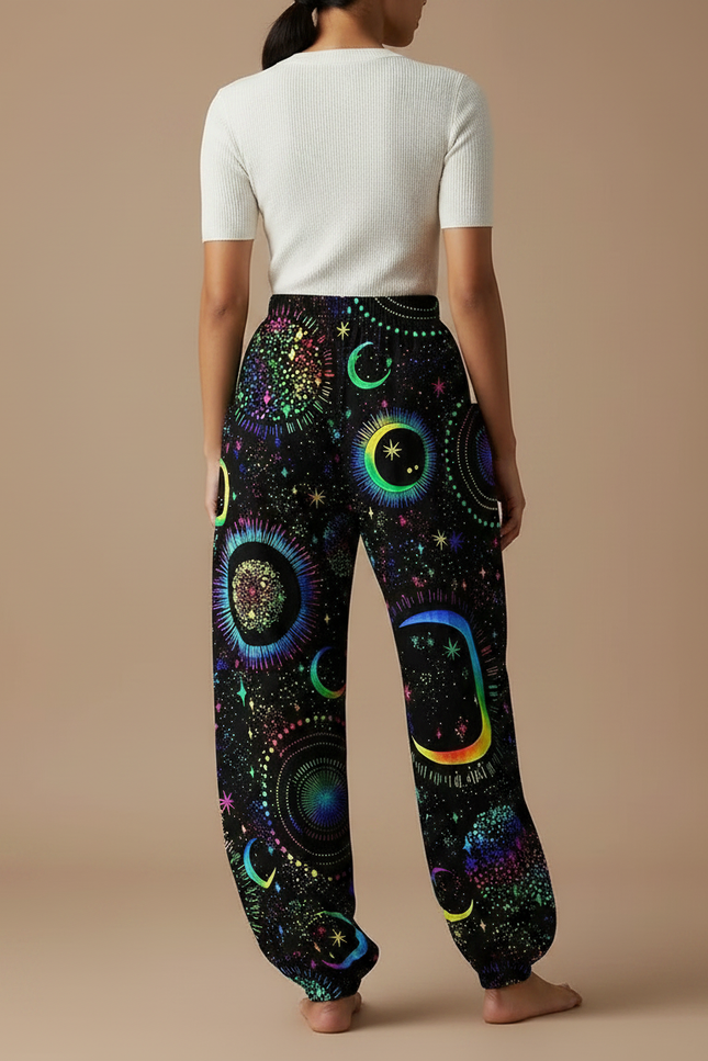 Pantalon Parachute Fluide Noir Imprimé Lune Étoiles Femme - Multicolore Viscose - vue 2