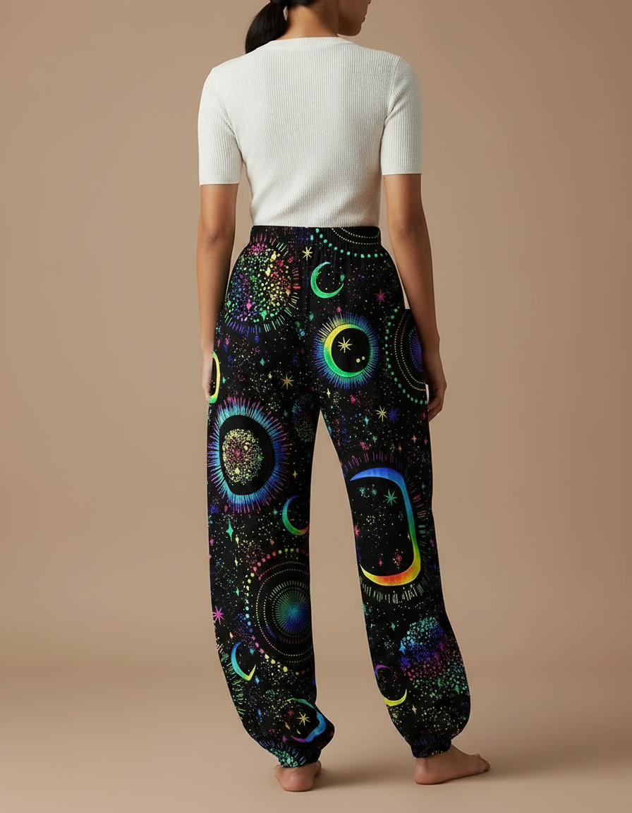 Pantalon Parachute Fluide Noir Imprimé Lune Étoiles Femme - Multicolore Viscose - vue 2