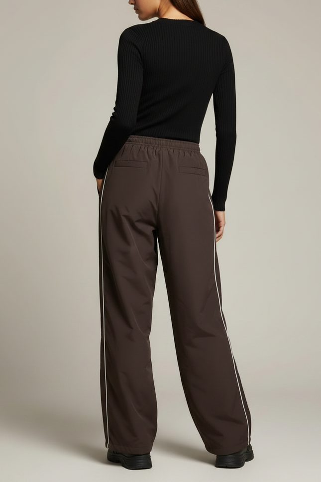 Pantalon Parachute Marron Ample Streetwear Rayures Blanches - Polyester - vue 2