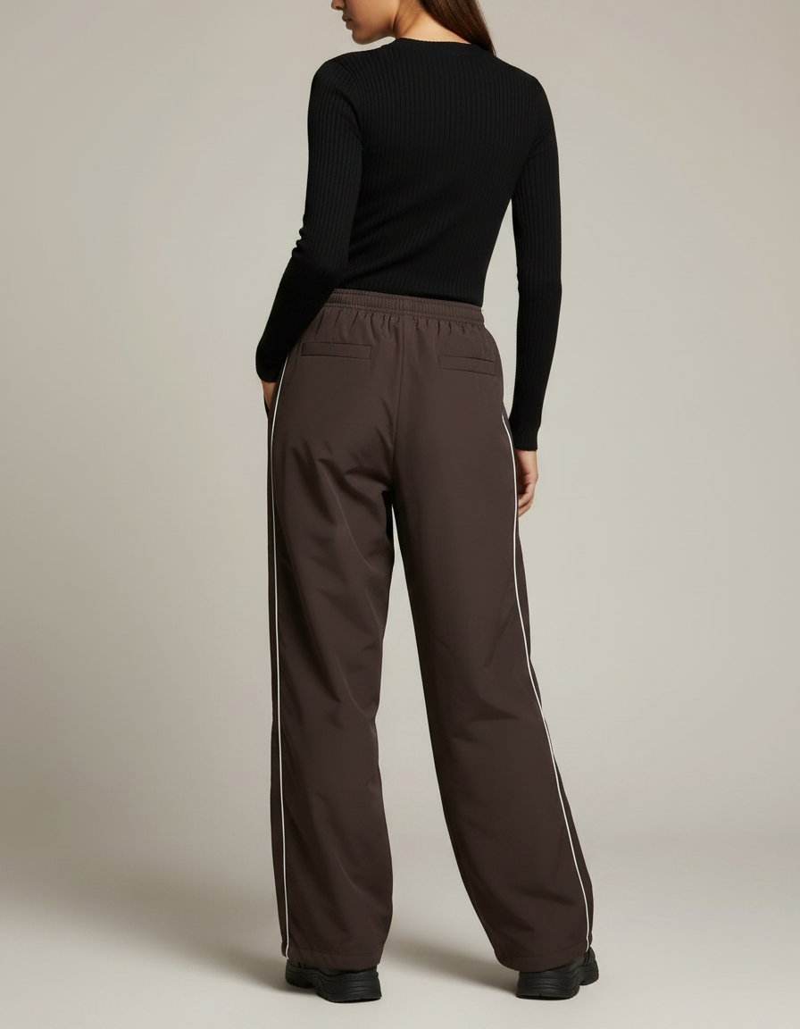 Pantalon Parachute Marron Ample Streetwear Rayures Blanches - Polyester - vue 2