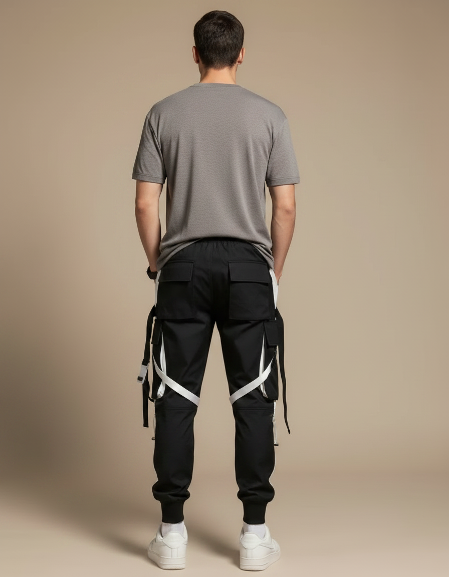 Pantalon Parachute Noir Cargo Ample Homme Techwear - Polyester - vue 2
