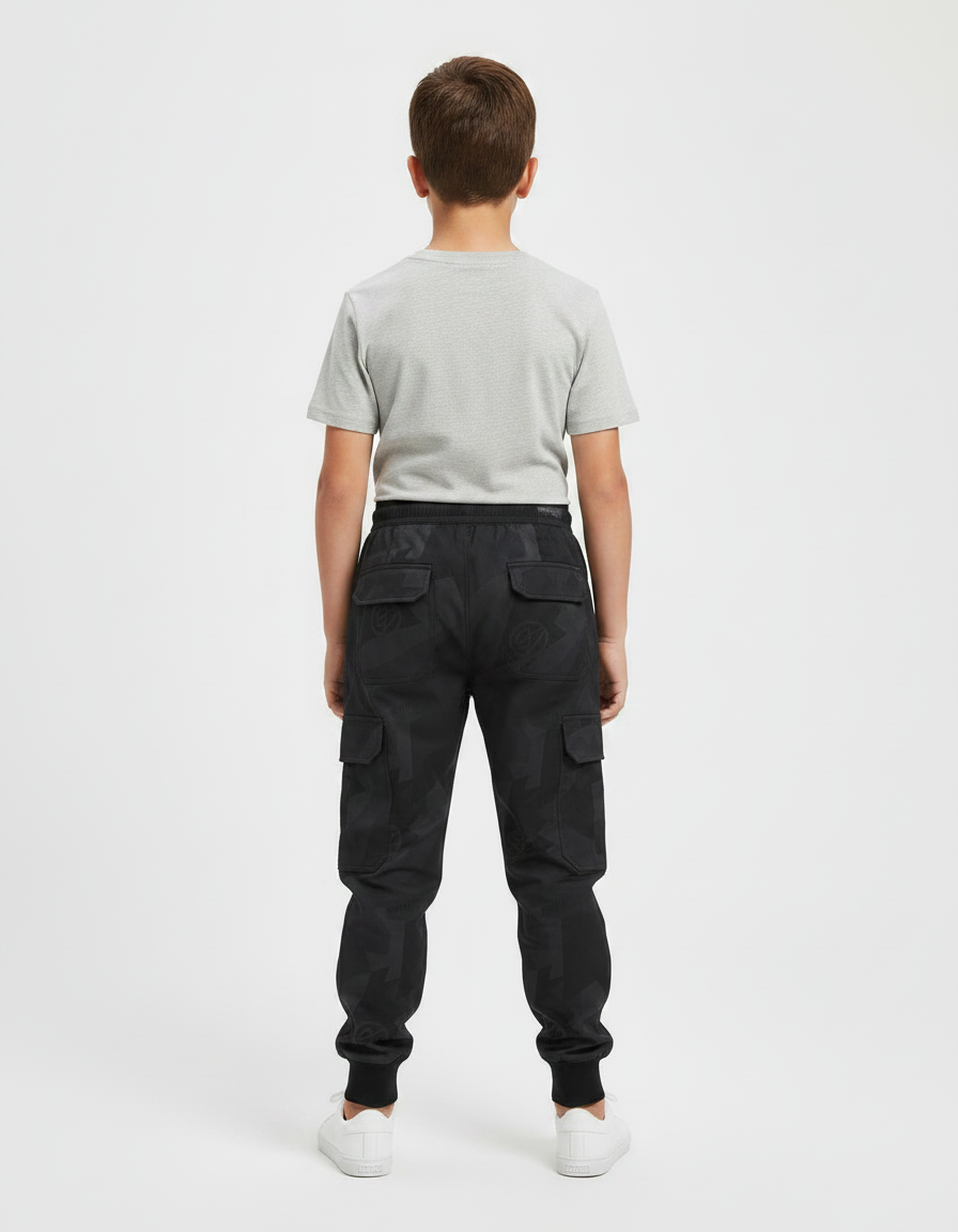 Pantalon Parachute Noir Cargo Imprimé Géométrique Cordon - Polyester - vue 2
