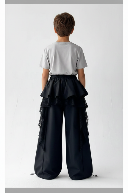 Pantalon Parachute Noir Ample Volants Dentelle Unisexe - Polyester - vue 2