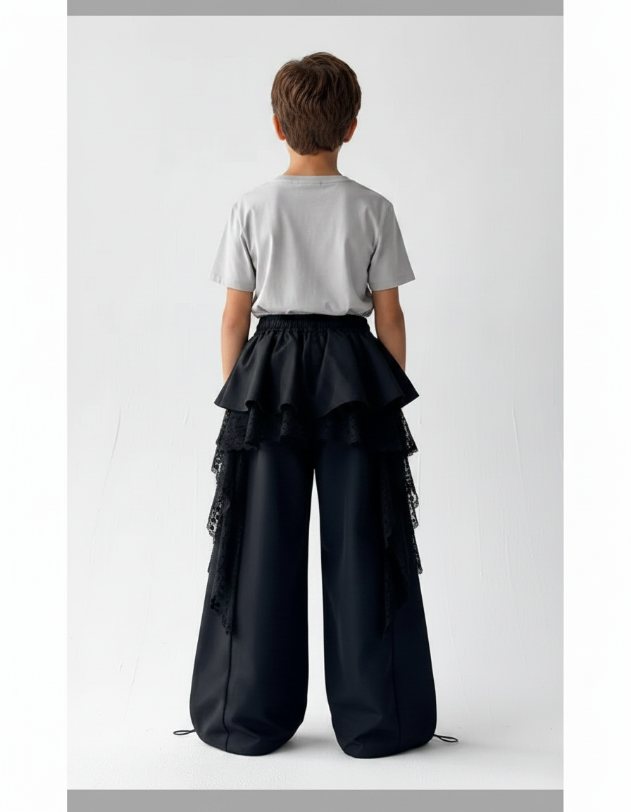 Pantalon Parachute Noir Ample Volants Dentelle Unisexe - Polyester - vue 2