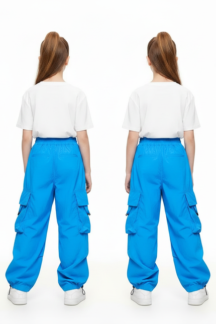 Pantalon Parachute Bleu Cargo Ample Fille Décontracté - Polyester - vue 2
