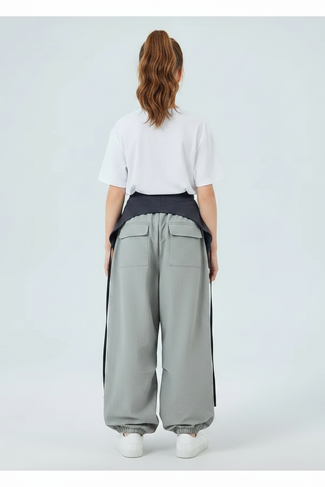 Pantalon Parachute Gris Ample Ceinture Noire Fille - Polyester - vue 2
