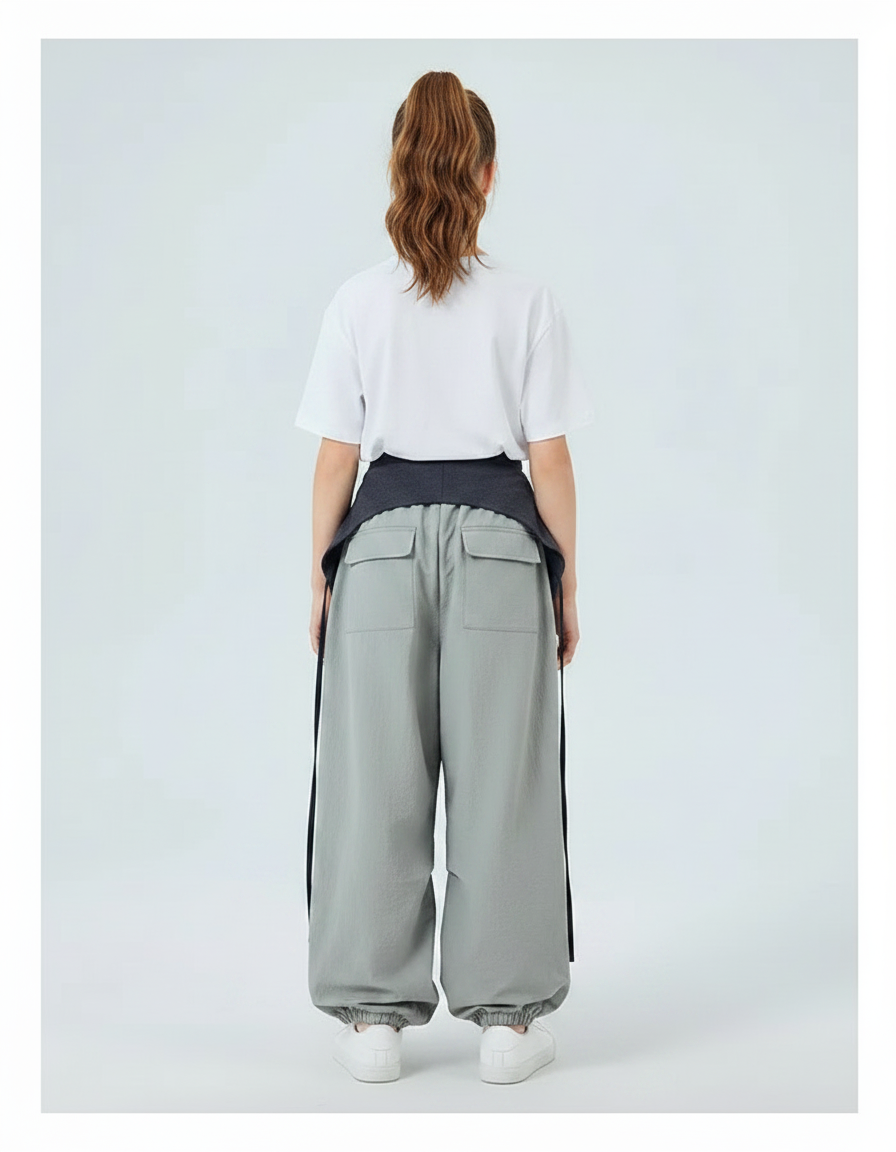 Pantalon Parachute Gris Ample Ceinture Noire Fille - Polyester - vue 2