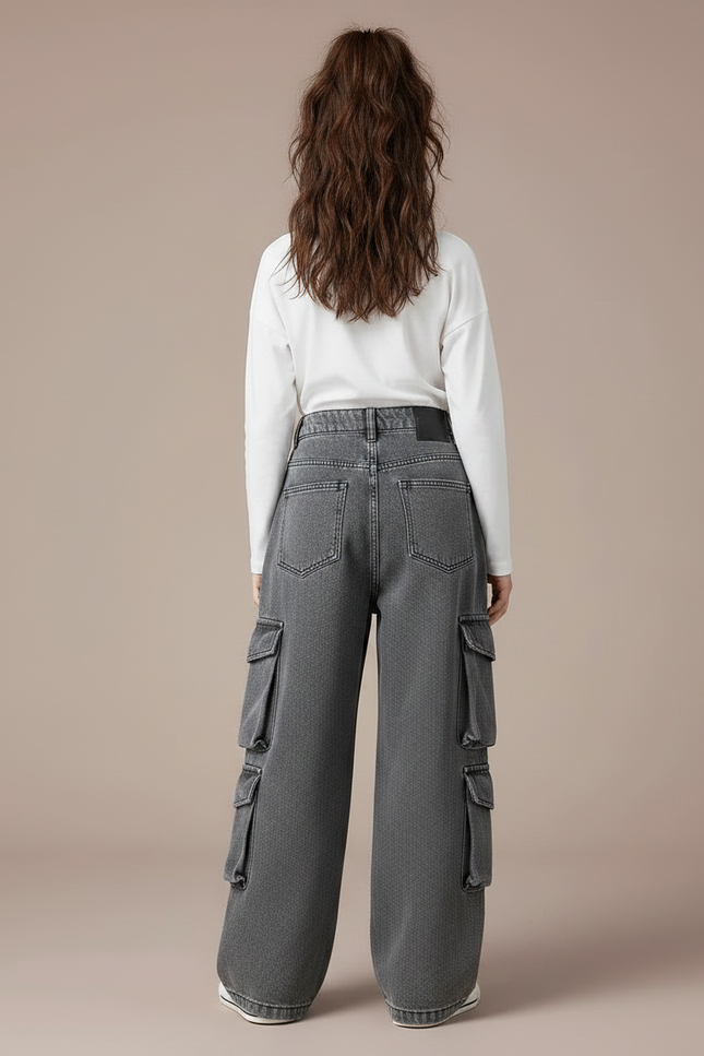 Pantalon Parachute Cargo Denim Gris Ample Fille - Jean - vue 2
