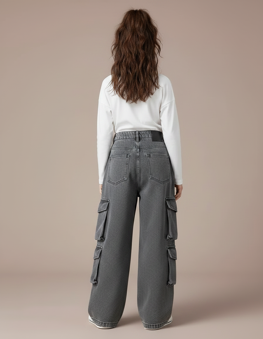 Pantalon Parachute Cargo Denim Gris Ample Fille - Jean - vue 2