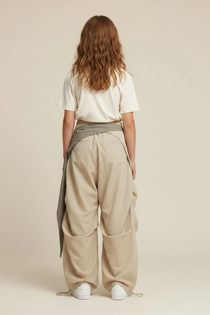 Pantalon Parachute Beige Ample Fluide Cordon Fille - Polyester - vue 2