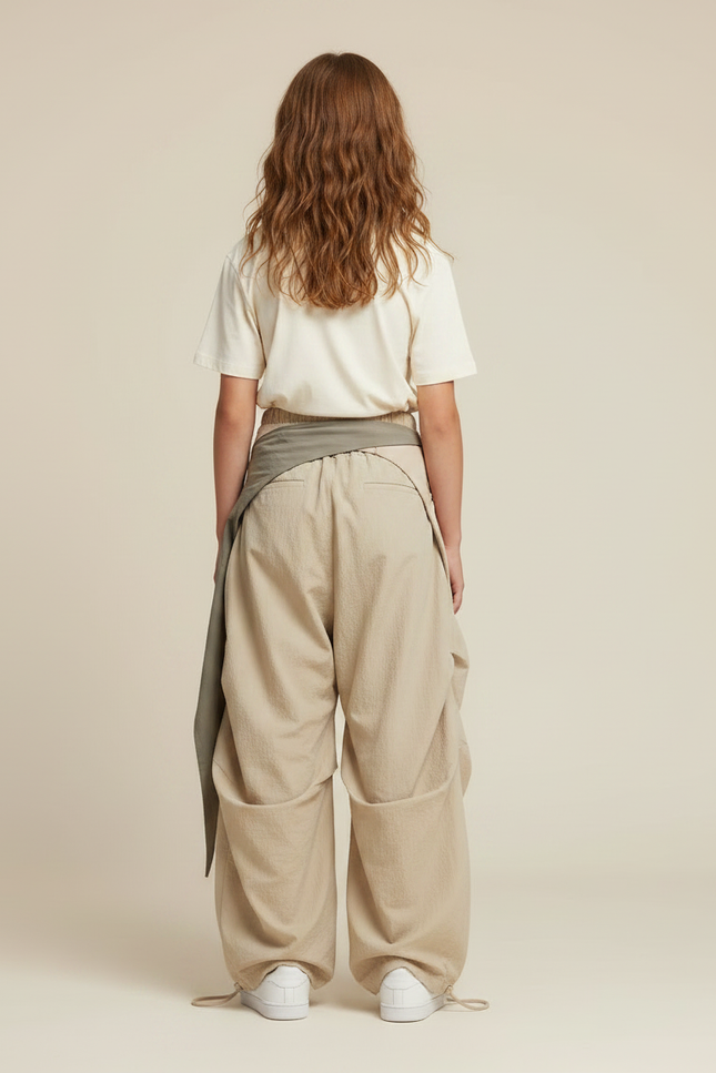 Pantalon Parachute Beige Ample Fluide Cordon Fille - Polyester - vue 2