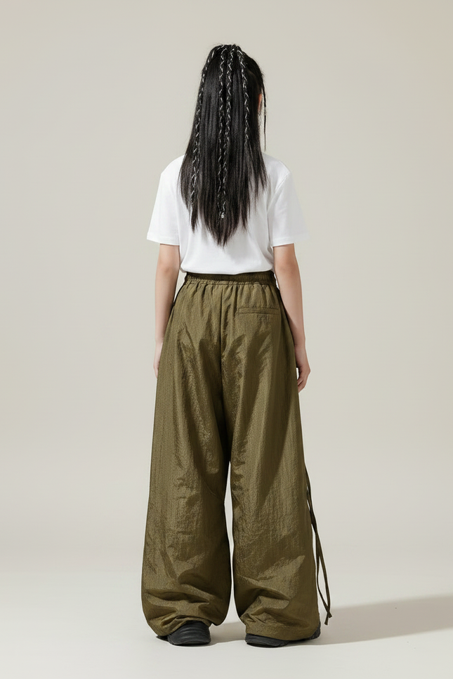 Pantalon Parachute Kaki Ample Boutons Streetwear Fille - Polyester - vue 2