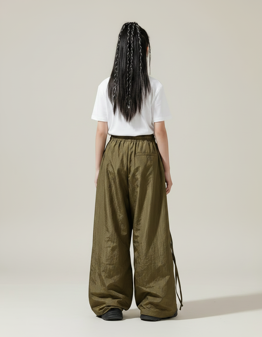 Pantalon Parachute Kaki Ample Boutons Streetwear Fille - Polyester - vue 2