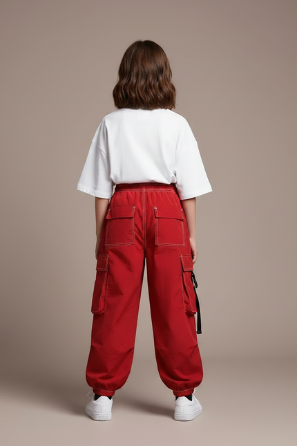 Pantalon Parachute Rouge Cargo Ample Streetwear Enfant - Polyester - vue 2