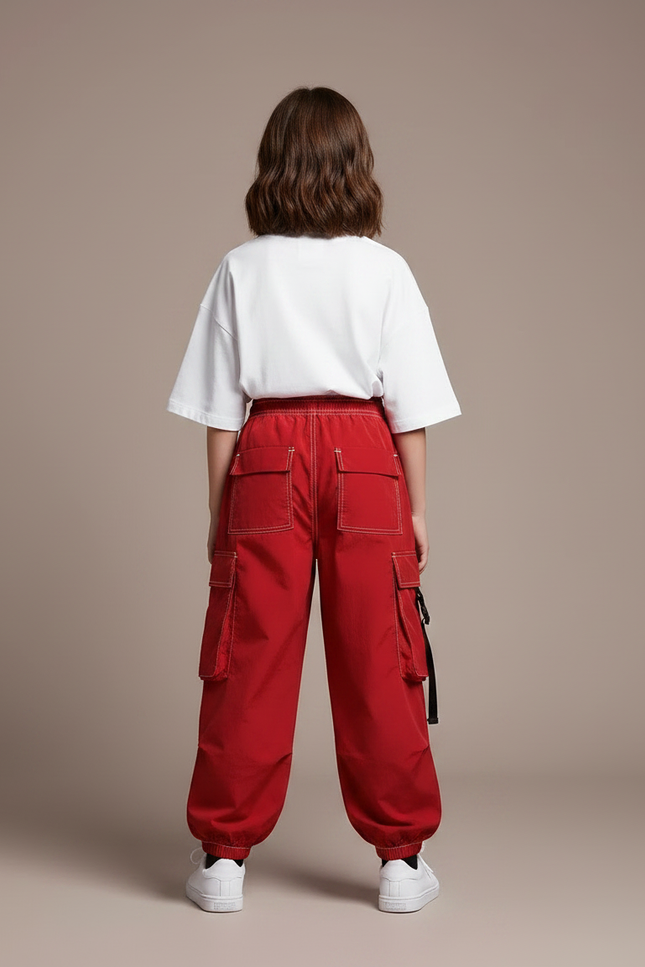 Pantalon Parachute Rouge Cargo Ample Streetwear Enfant - Polyester - vue 2