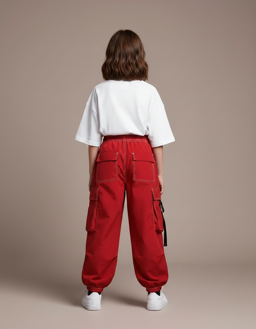 Pantalon Parachute Rouge Cargo Ample Streetwear Enfant - Polyester - vue 2