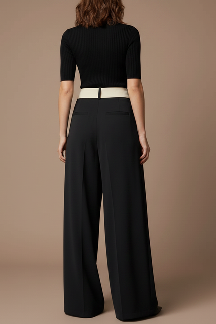 Pantalon Parachute Noir Fluide Taille Haute Élégant - Polyester - vue 2