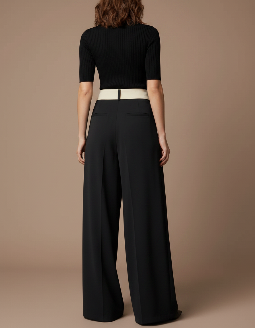 Pantalon Parachute Noir Fluide Taille Haute Élégant - Polyester - vue 2