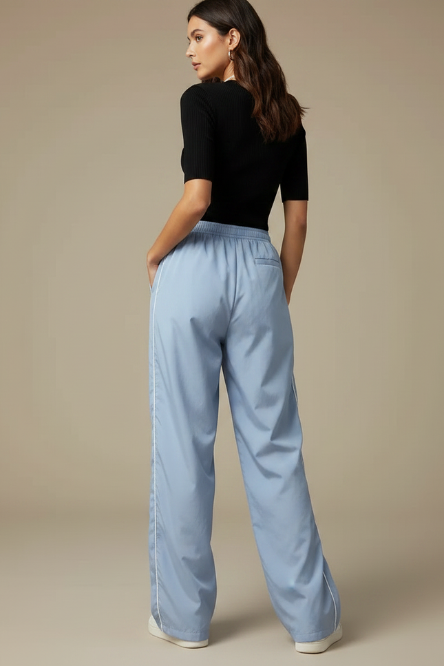 Pantalon Parachute Bleu Ciel Ample Rayures Blanches - Polyester - vue 2