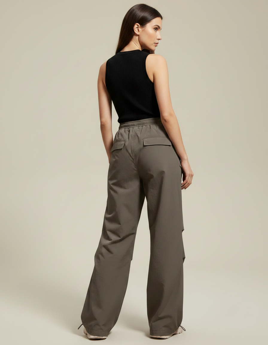 Pantalon Parachute Femme Kaki Baggy Nylon - Polyester - vue 2