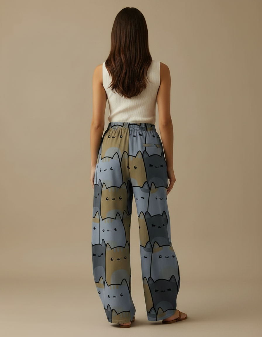 Pantalon Parachute Imprimé Chats Ample Décontracté Poches - Viscose - vue 2