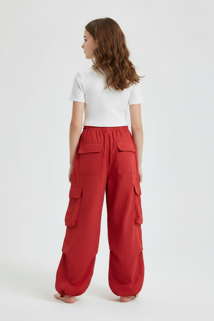 Pantalon Parachute Fille Baggy Nylon Streetwear - Rouge Polyester - vue 2