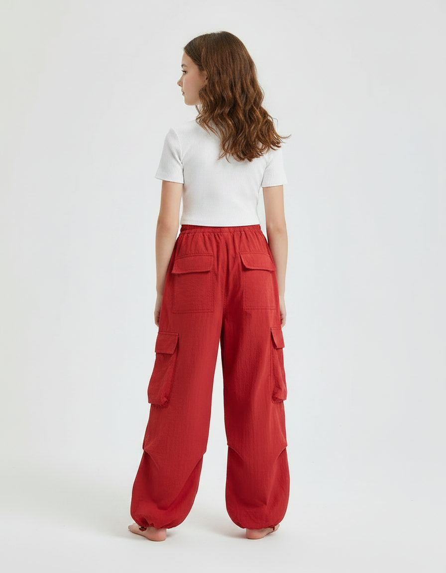 Pantalon Parachute Fille Baggy Nylon Streetwear - Rouge Polyester - vue 2