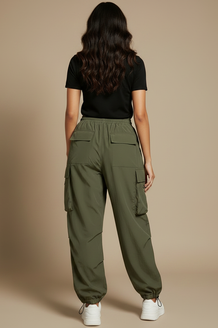 Pantalon Parachute Vert Ample Cargo Femme Cordon - Kaki Polyester - vue 2