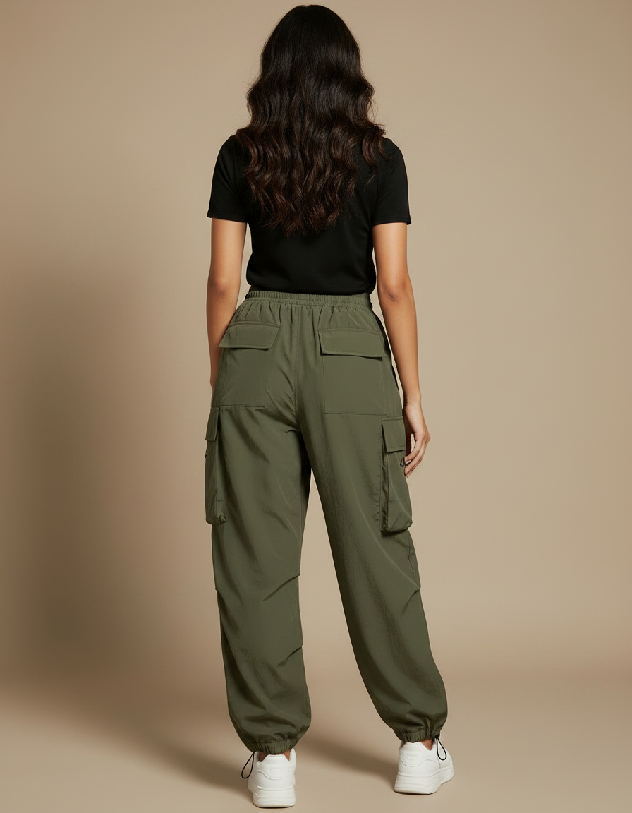 Pantalon Parachute Vert Ample Cargo Femme Cordon - Kaki Polyester - vue 2