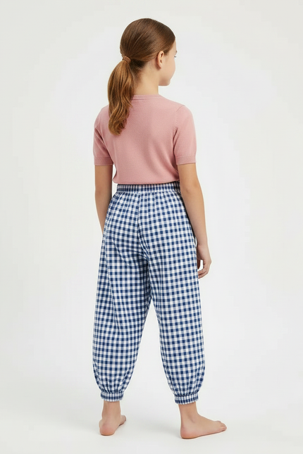 Pantalon Parachute Vichy Bleu Ample Coton Fille - vue 2