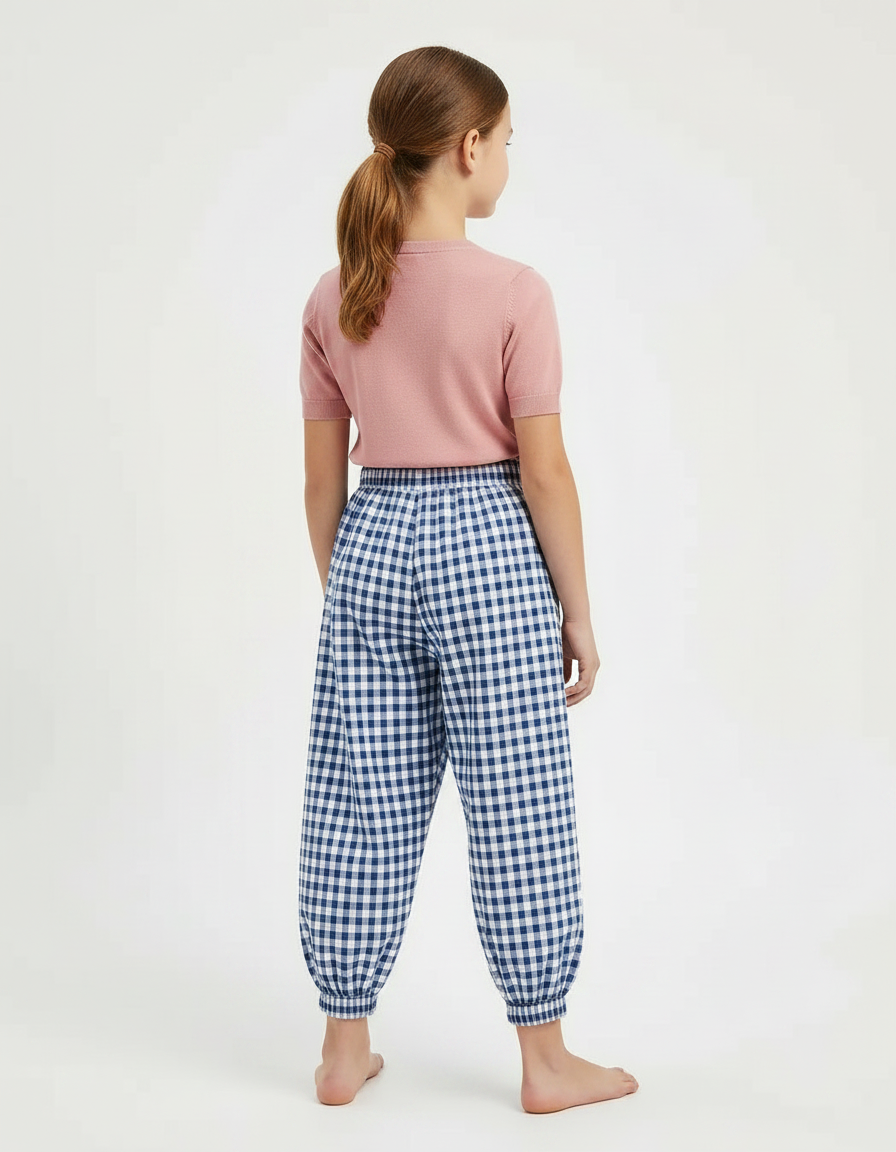Pantalon Parachute Vichy Bleu Ample Coton Fille - vue 2
