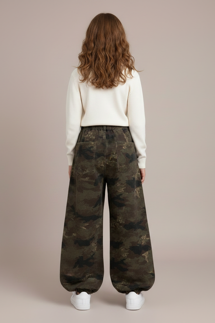 Pantalon Parachute Camouflage Ample Cargo Fille - Kaki Molleton - vue 2
