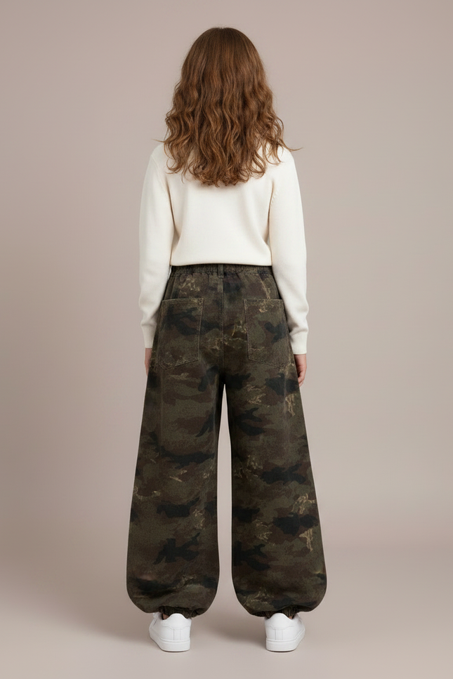Pantalon Parachute Camouflage Ample Cargo Fille - Kaki Molleton - vue 2
