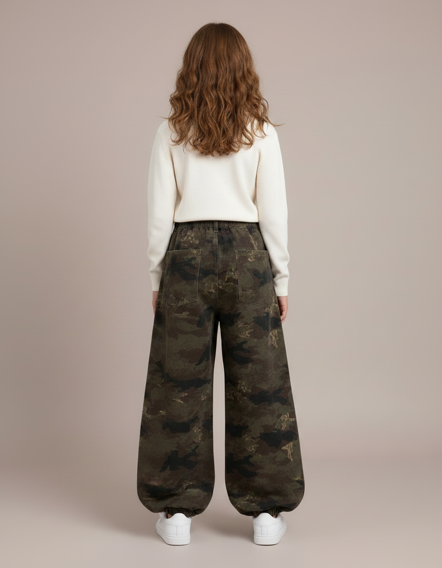 Pantalon Parachute Camouflage Ample Cargo Fille - Kaki Molleton - vue 2
