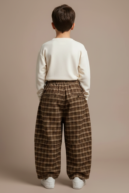 Pantalon Parachute Plaid Marron Ample Garçon Hiver - Tweed - vue 2