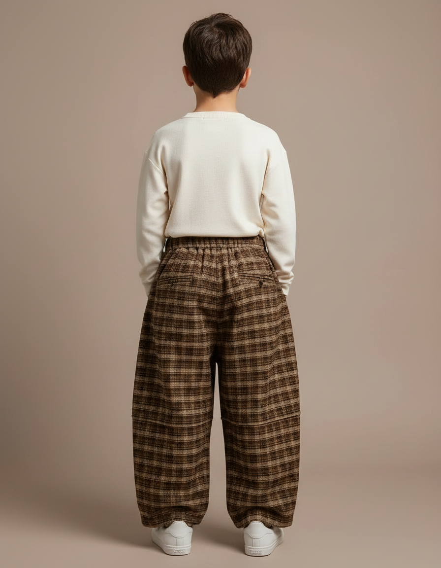 Pantalon Parachute Plaid Marron Ample Garçon Hiver - Tweed - vue 2