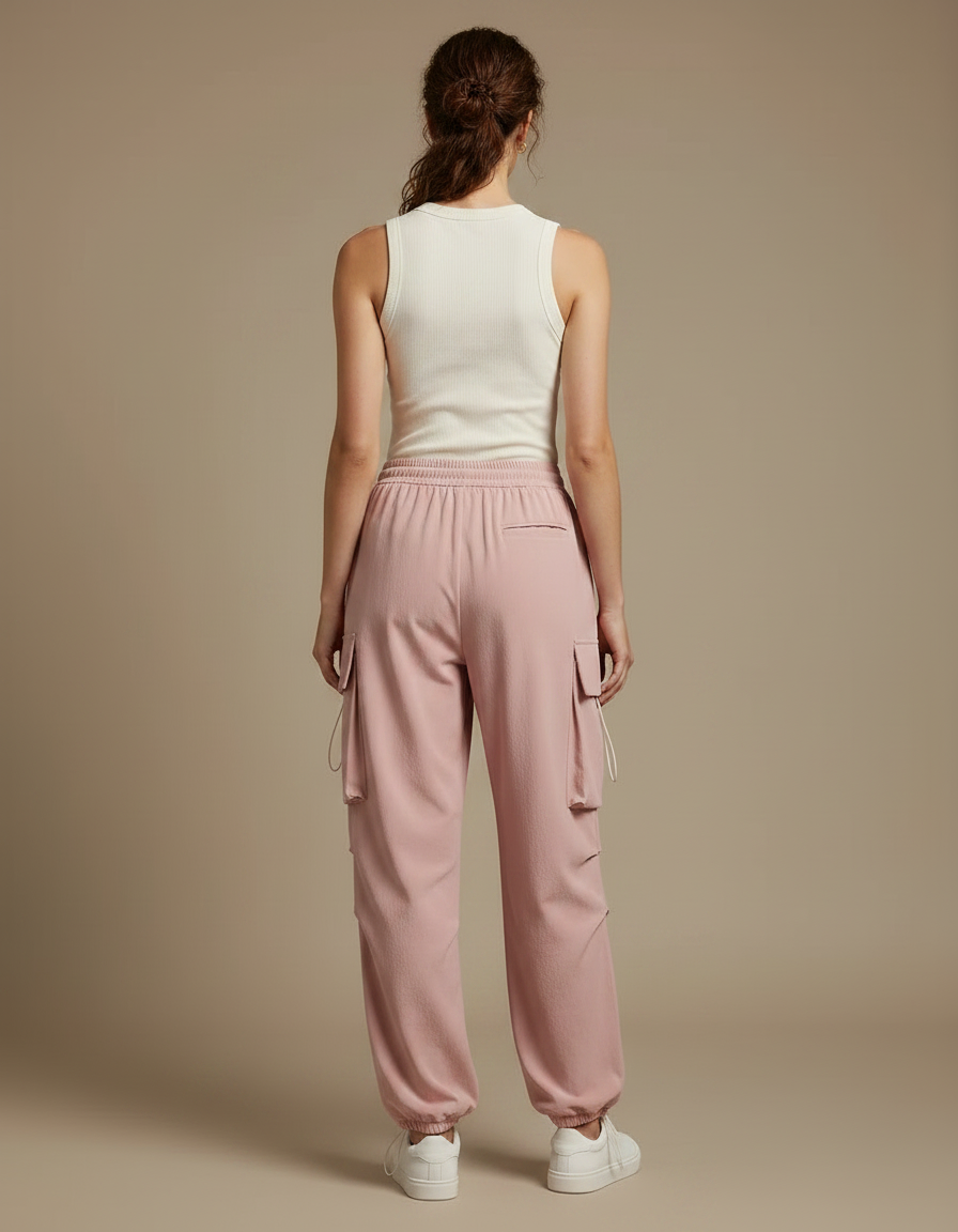Pantalon Parachute Rose Cargo Ample Fluide Femme - Polyester - vue 2