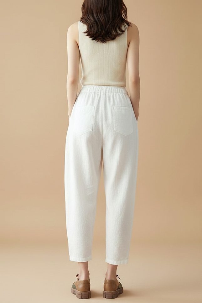 Pantalon Parachute Blanc Lin Ample Cordon Décontracté - vue 2