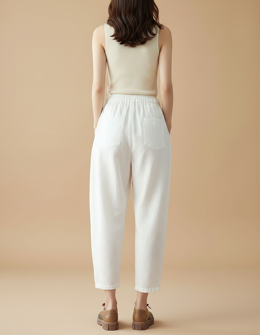 Pantalon Parachute Blanc Lin Ample Cordon Décontracté - vue 2