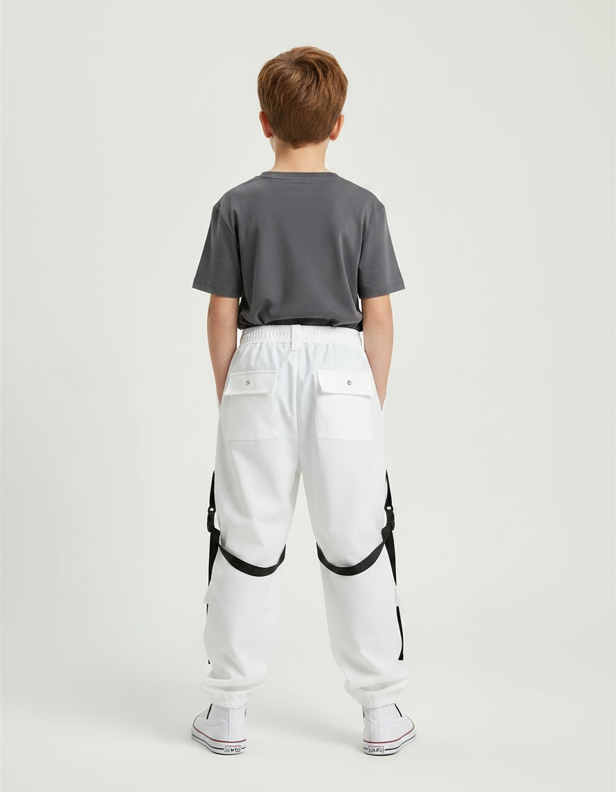 Pantalon Parachute Blanc Cargo Déchiré Bretelles Garçon - Polyester - vue 2