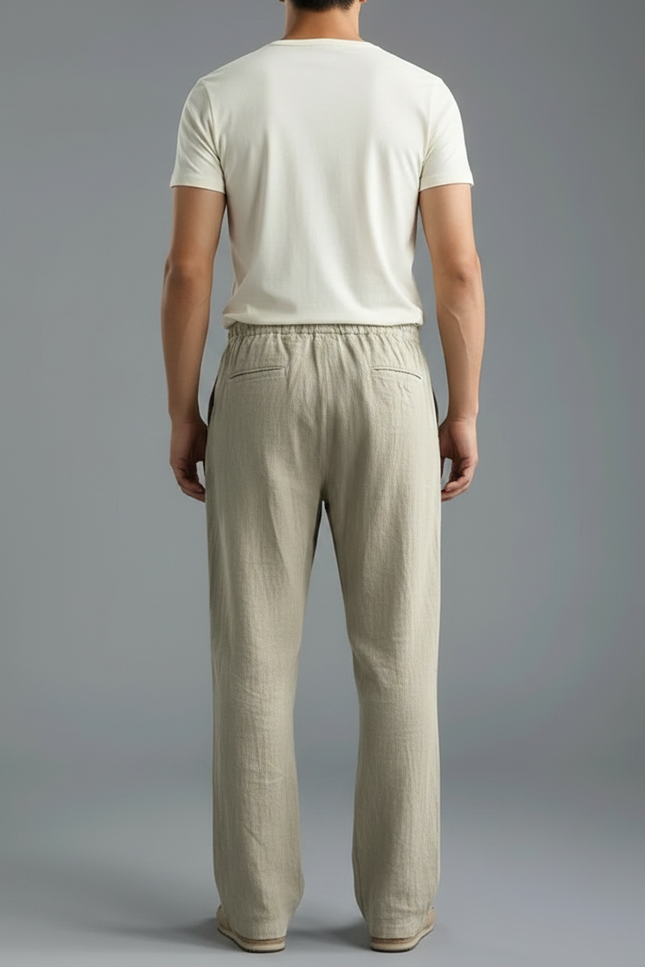 Pantalon Parachute Lin Coton Ample Beige Cordon Homme - vue 2