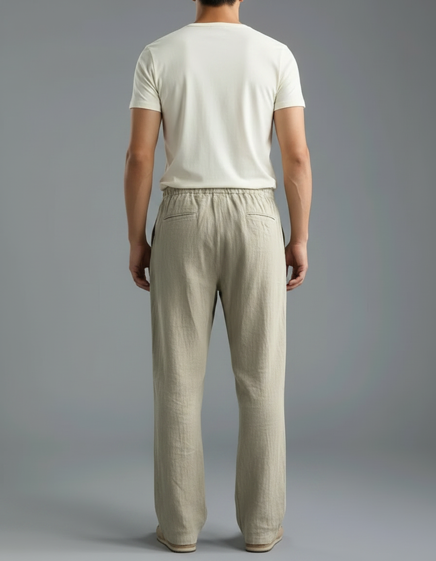 Pantalon Parachute Lin Coton Ample Beige Cordon Homme - vue 2