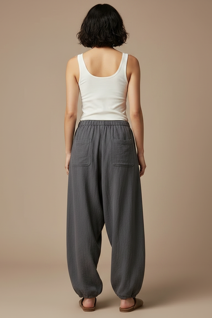 Pantalon Parachute Gris Lin Ample Femme Vintage - vue 2