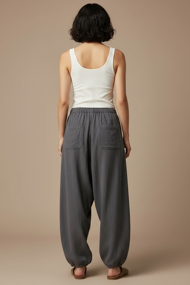 Pantalon Parachute Gris Lin Ample Femme Vintage - vue 2