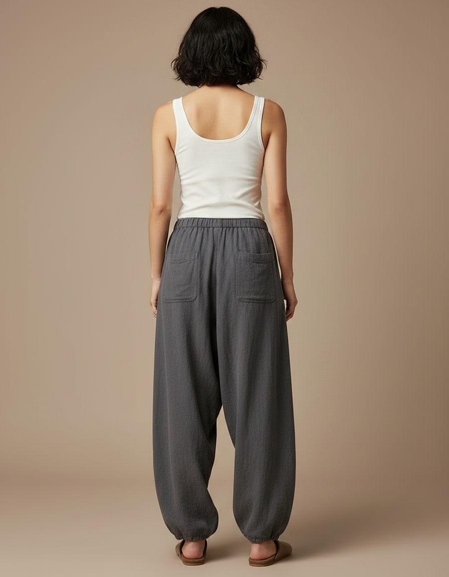 Pantalon Parachute Gris Lin Ample Femme Vintage - vue 2