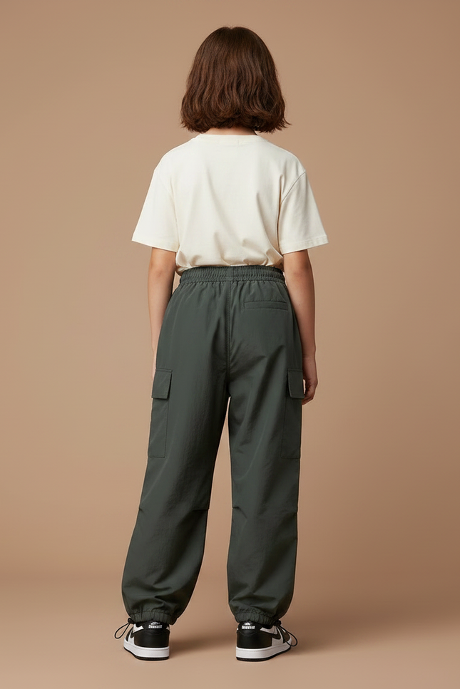 Pantalon Parachute Vert Ample Cargo Nylon Fille - Kaki Polyester - vue 2