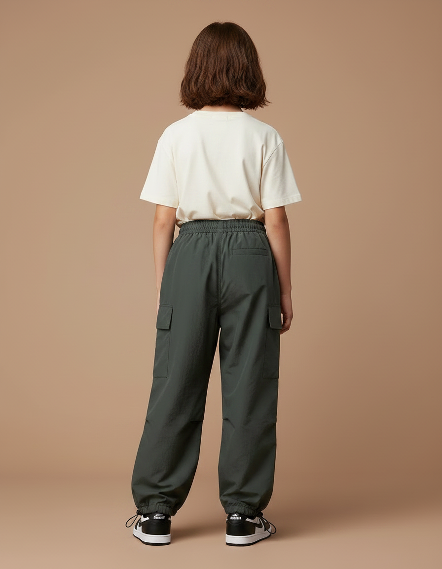 Pantalon Parachute Vert Ample Cargo Nylon Fille - Kaki Polyester - vue 2