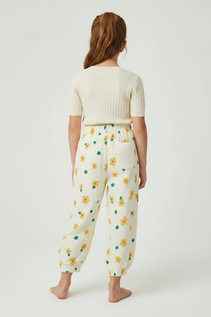 Pantalon Parachute Crème Fleuri Ample Fille Léger - Beige Coton - vue 2